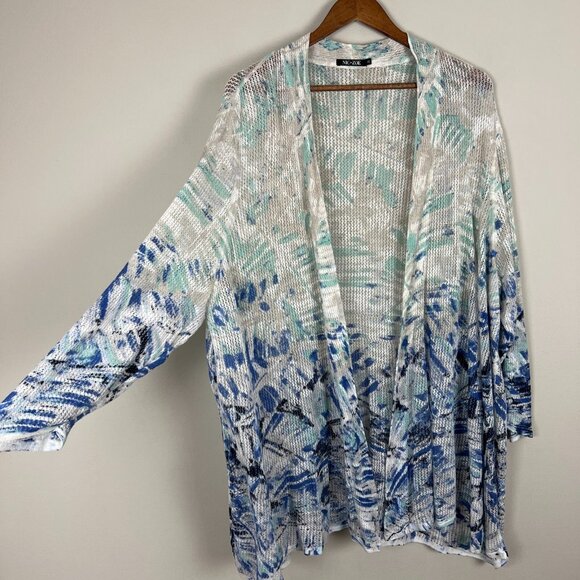 Nic+ Zoe Cardigan Sweater Womens 3X Blue White Linen Blend Open Knit 3/4 Sleeve - Picture 4 of 11
